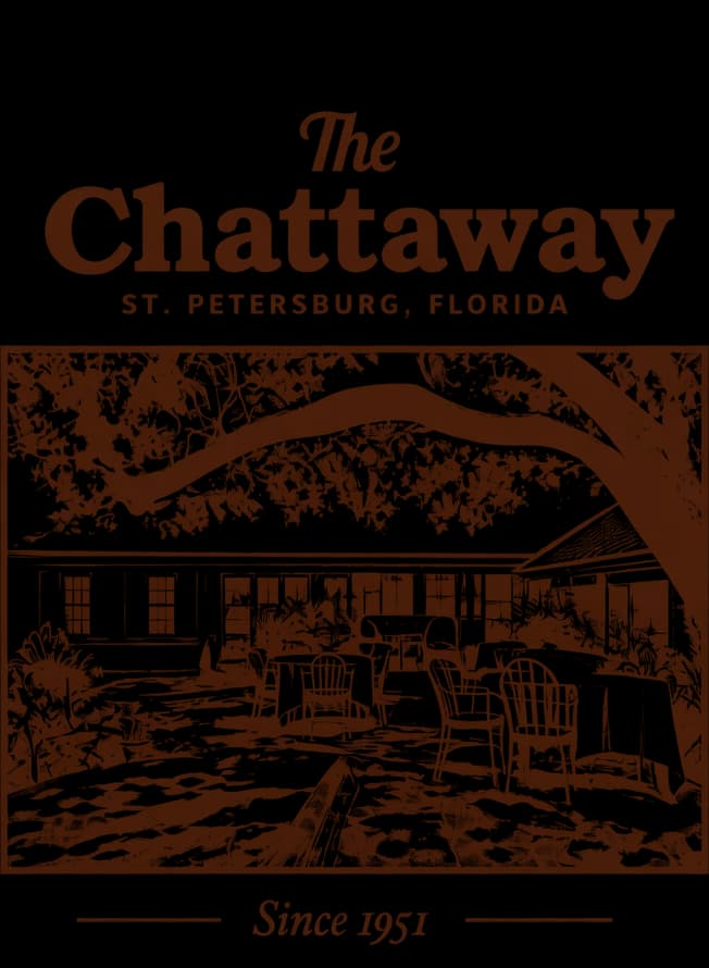 Artwork detail: the back illustration of the courtyard under a large tree, marked Since 1951.